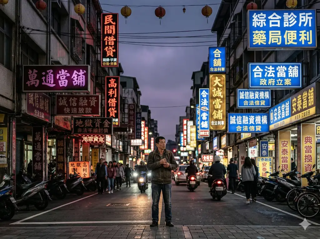 面對左側危險的民間高利借貸陷阱與右側政府立案的合法當鋪，急需現金時必須冷靜辨識。