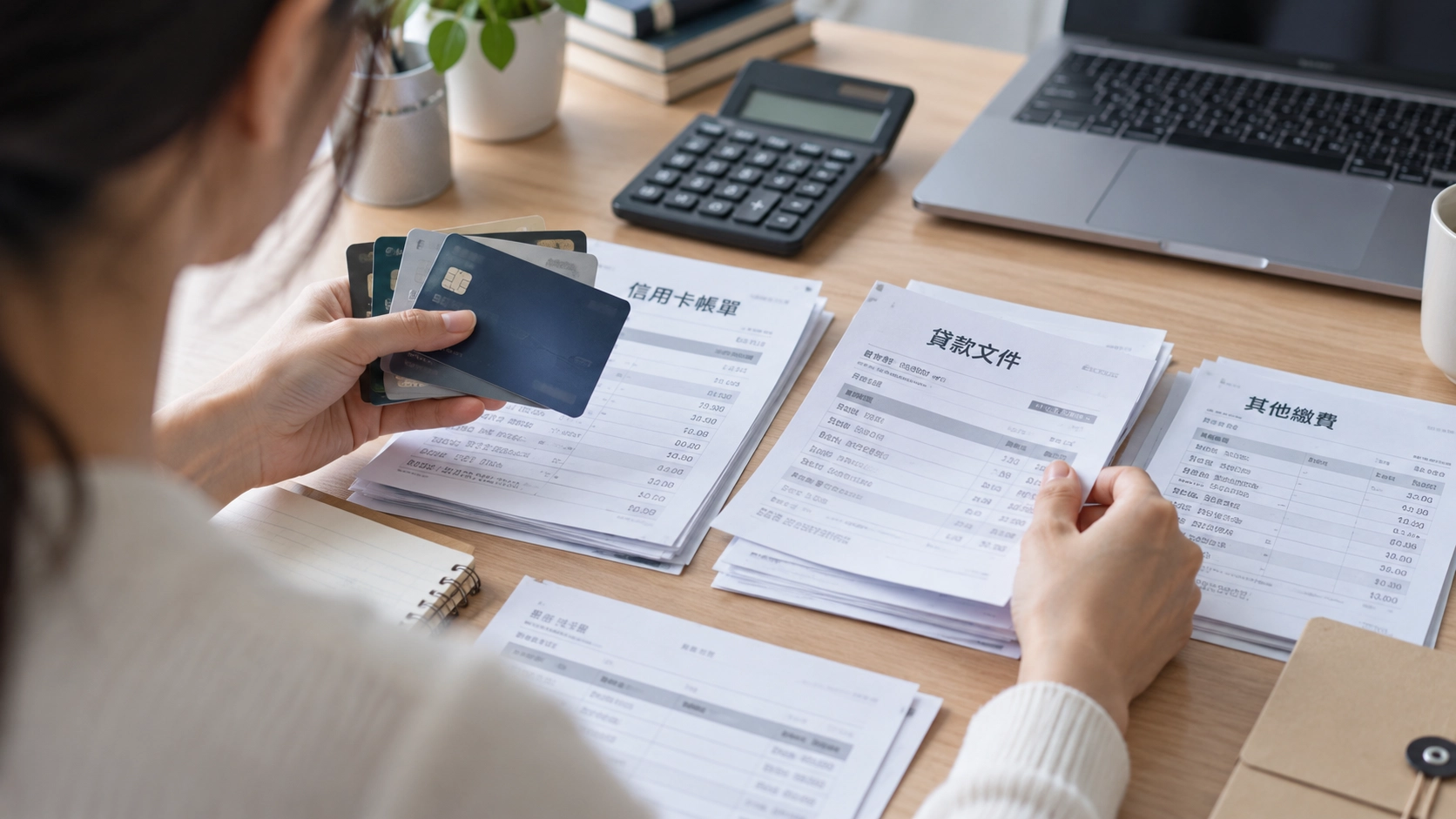 檢視信用卡與貸款文件、區分有擔保與無擔保債務的情境照